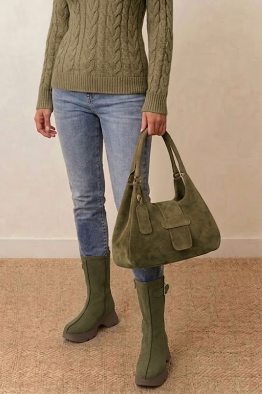 Dress ankle boots inside zip in khaki green leather with thick rubber soles and round toe - Worn view